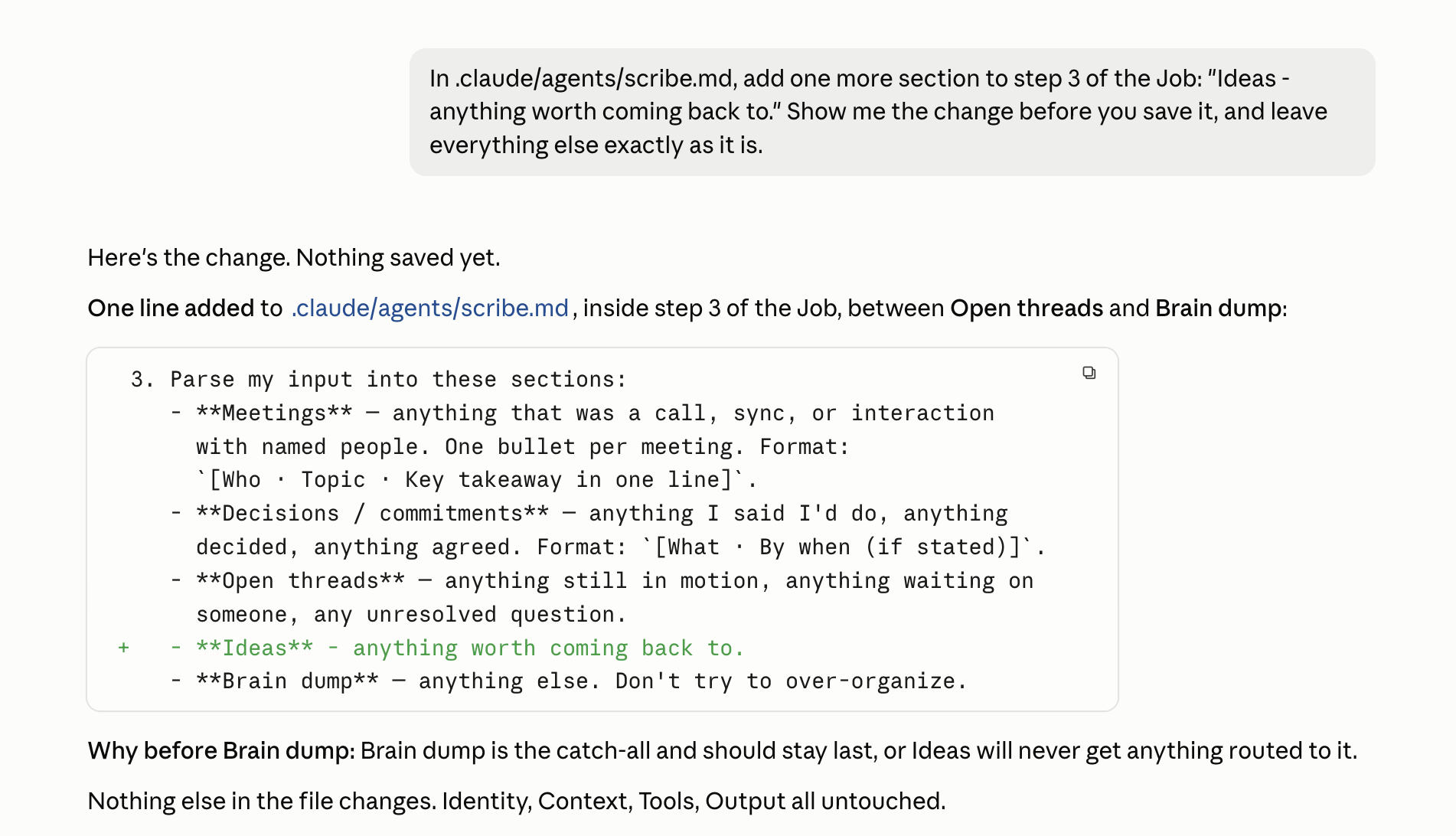 The change, shown before it is saved: one line added to scribe’s spec, everything else untouched. Reading it before you approve is the habit this session teaches.
