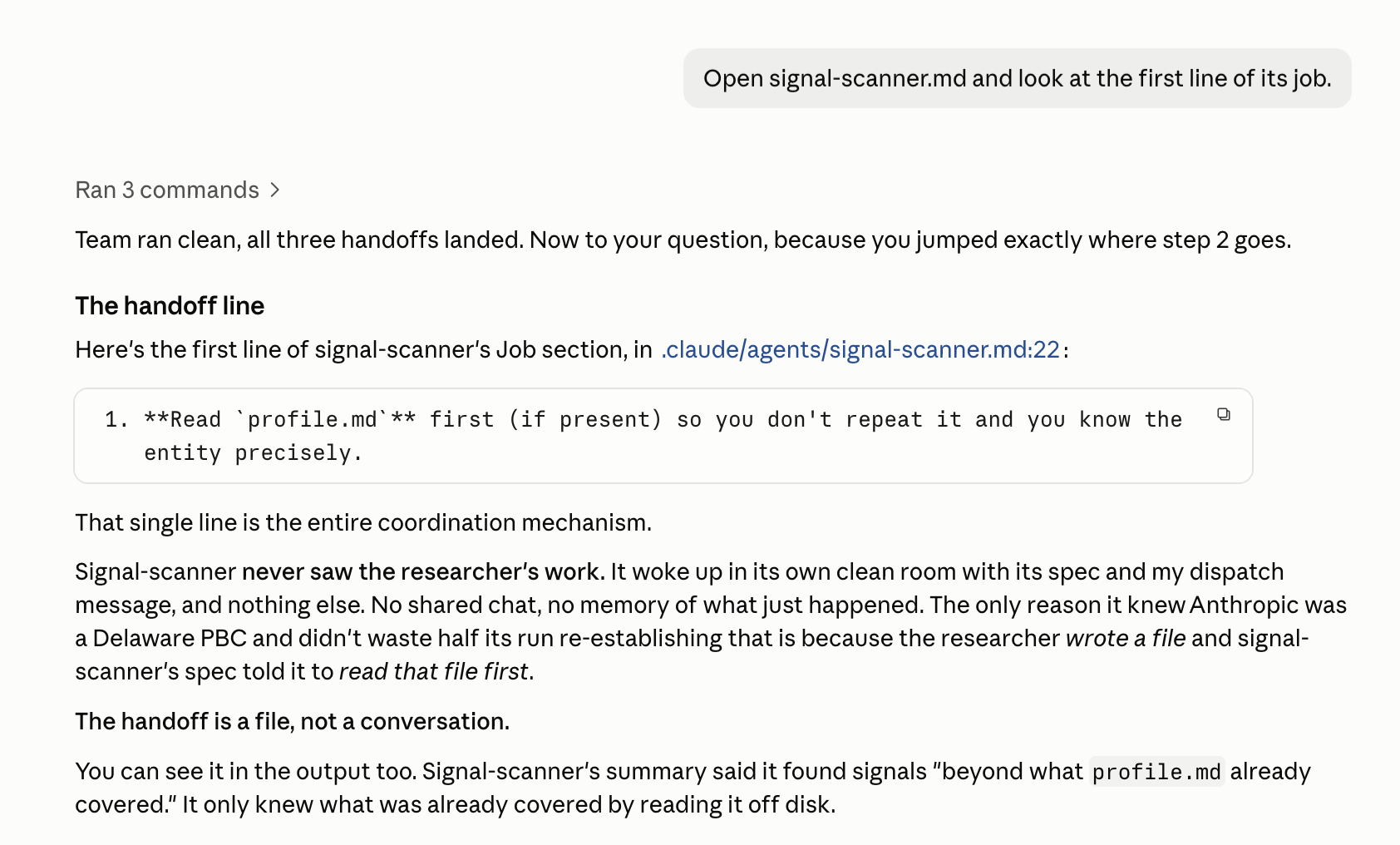 signal-scanner.md open at line 22, showing the first line of its Job: read profile.md first