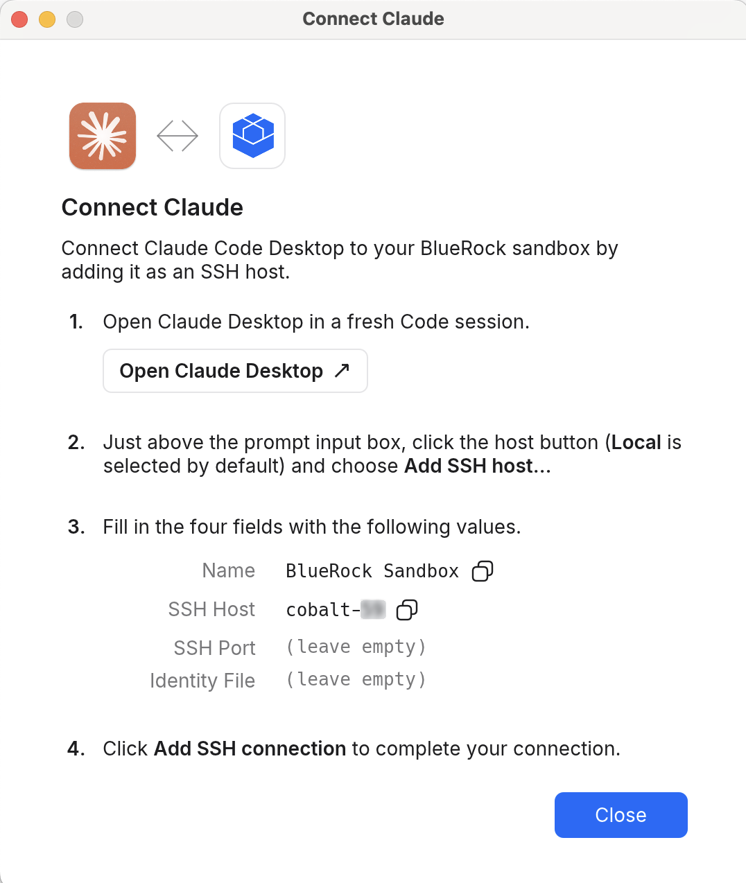 The Connector's Connect Claude dialog, showing the Name and SSH Host values with a copy button beside each