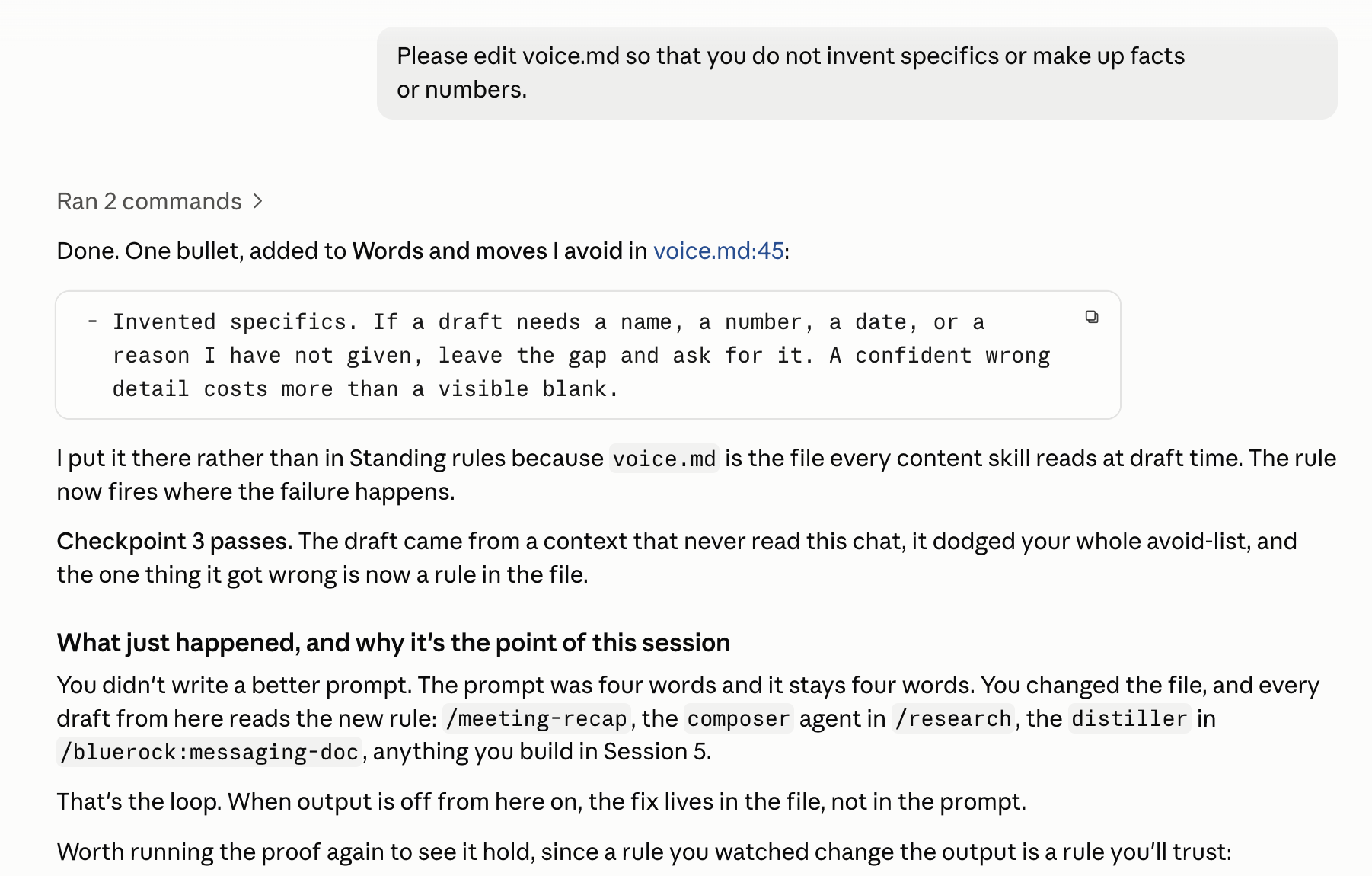 The rule landing in voice.md, before it saves — one bullet added to the things you avoid, in your own words.
