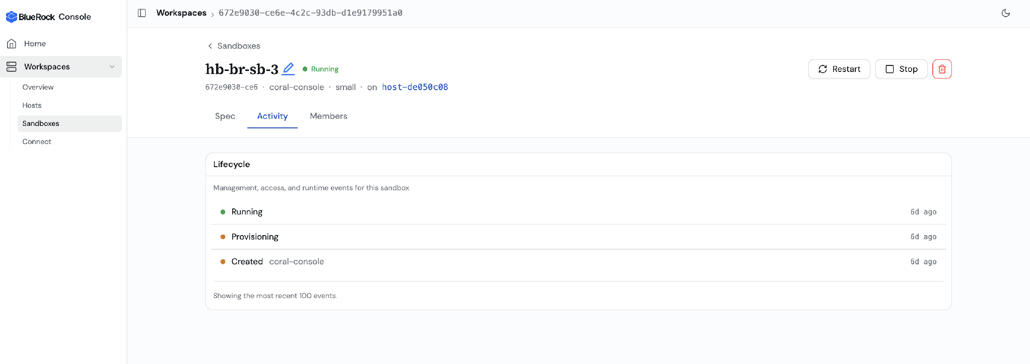 The sandbox detail page in the BlueRock Console, with the delete icon in the top-right corner beside Restart and Stop.