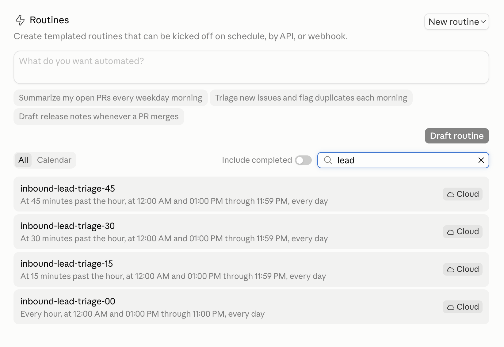 The Routines page, with routines set to run on a schedule. This is where a scheduled job lives once you have built it.