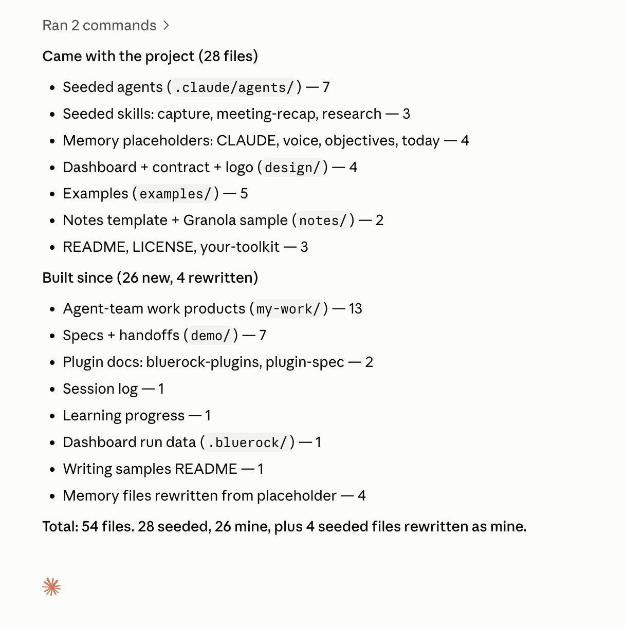 The session's inventory: what came with the project and what was built since, each line with a file count, ending in a total