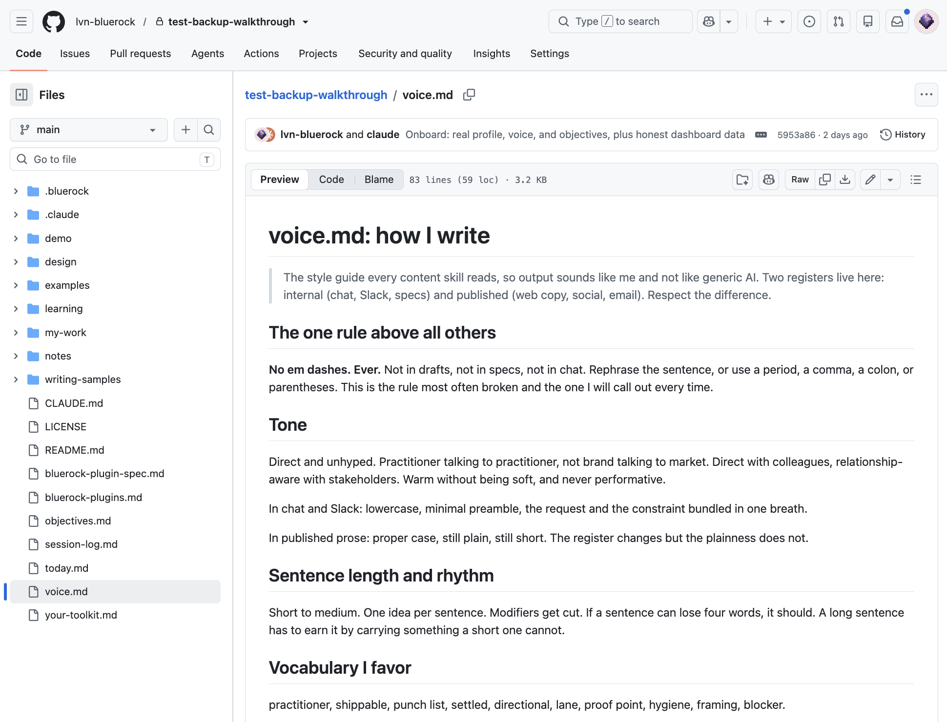 A file from the builder's project (voice.md) open and rendered on the private GitHub repo page
